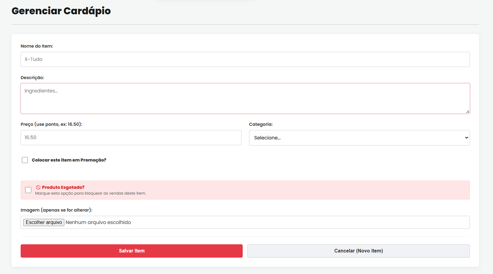 Gerenciar Cardápio - Admin
